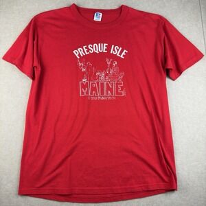 Vintage Russell Shirt Men L‎ Red Presque Isle Maine Graphic Tee USA Made 80s